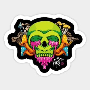 spooky, floral, colorful, original, skull decorated with mushrooms and flowers Sticker